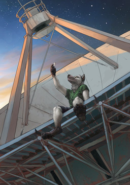 anthro australia biped clothed clothing electronics fur male outside phone satellite sitting smile solo star sunset deusexmoose canid canine mammal digital_media_(artwork) digital_painting_(artwork) hi_res painting_(artwork)