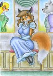 anthro clothing dress female footwear group high_heels male painting shoes socks tail text trio sinaherib baydren_gardis elisia_(sinaherib) eliza_gardis canid canine canis fox mammal red_fox true_fox wolf absurd_res english_text hi_res