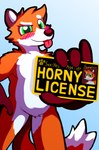 4_fingers anthro blep blue_background blush cheek_tuft countershading facial_tuft fingers fur green_eyes holding_object horny_license humor license male orange_body orange_fur simple_background solo text tongue tongue_out tuft white_body white_countershading white_fur ohfourmouse canid canine fox mammal 2022 english_text hi_res