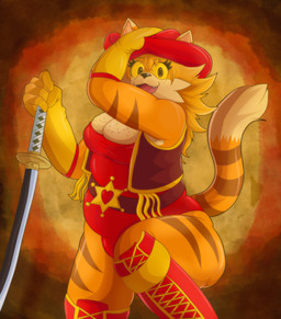 anthro breasts cartoon_freckles cleavage clothed clothed_anthro clothed_female clothing cowboy_hat explosion eyelashes facial_tuft female freckled_breasts freckled_face freckles gloves handwear hat headgear headwear holding_melee_weapon holding_object holding_sword holding_weapon katana long_eyelashes melee_weapon open_mouth open_smile overweight overweight_anthro overweight_female skimpy smile solo sword thick_thighs tight_clothing tuft weapon wrestler yellow_eyes limunada crimson_(roboticsteve) domestic_cat felid feline felis mammal absurd_res hi_res