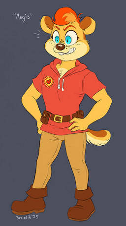 anthro biped black_nose blue_eyes boots bottomwear brown_bottomwear brown_clothing brown_pants buckteeth clothed clothing countershade_face countershade_fur countershade_tail countershade_torso countershading eyebrows footwear front_view fur hands_on_own_hips male orange_body orange_fur pants red_clothing red_shirt red_topwear shirt shoes simple_background solo standing tail tan_body tan_countershading tan_fur teeth topwear brainsister chipmunk ground_squirrel mammal rodent sciurid 2025 hi_res