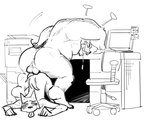 anthro backsack balls blush bodily_fluids butt computer desk drooling duo electronics furniture genitals kemono male male/male office saliva sex table ujishiyo canid canine domestic_pig mammal suid suine sus_(pig) 2024 absurd_res hi_res monochrome