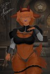 abs belt big_breasts black_clothing breast_squish breasts brown_body brown_fur church clothing female fur holding_clothing holding_object horn panties solo squish tail thick_thighs topwear underwear moriones w-80 bovid bovine cattle mammal absurd_res hi_res