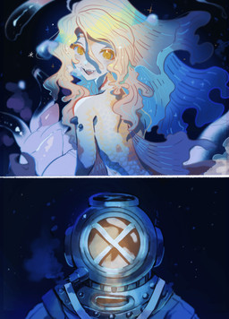 2_panel_comic ambiguous_gender bubble diving_suit eating fangs fin group holding_another intersex looking_at_another male open_mouth open_smile pink_body scales sea smile sparkles split_form teeth tentacles translucent translucent_body translucent_tentacles underwater water white_body yellow_eyes rurupo aquatic aquatic_gastropod clione gastropod human humanoid mammal merfolk mollusk sea_angel sea_slug slug 2026 absurd_res comic hi_res herm_(lore)