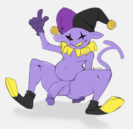 balls clothing footwear genitals gloves grin half-erect handwear hat headgear headwear heart_eyes heart_symbol humanoid_genitalia humanoid_penis humanoid_pointy_ears jester looking_at_viewer male mostly_nude navel not_furry penis pointy_ears purple_body sharp_teeth shoes simple_background slightly_chubby smile solo teeth white_background cyancoyote deltarune undertale_(series) jevil_(deltarune) darkner humanoid imp mammal 2022 digital_media_(artwork) hi_res