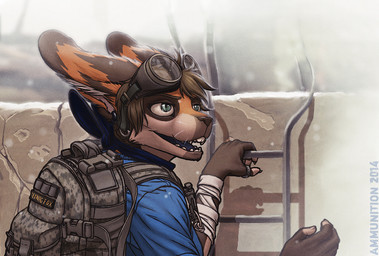 anthro backpack biped clothed clothing ear_piercing eyewear female goggles hair jewelry kerchief ladder open_mouth outside piercing ring smile solo fighterjet ammo_(character) canid canine fox hybrid lagomorph leporid mammal rabbit