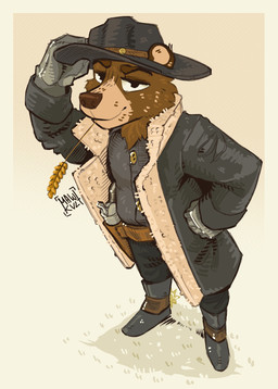 anthro boots bottomwear brown_body brown_fur clothed clothed_anthro clothed_male clothing collared_shirt cowboy cowboy_boots cowboy_hat cowboy_outfit dress_shirt eyebrows footwear fur gloves grass_in_mouth gun handgun handwear hat headgear headwear jacket looking_at_viewer male pants ranged_weapon revolver shirt shoes smile smiling_at_viewer solo topwear weapon wearing_hat mawkvlt bear mammal hi_res