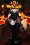 anthro armband big_breasts black_armband black_bracelet black_claws black_clothing black_collar black_nose blue_eyes bowser's_castle bracelet breasts castle claws cleavage clothed clothing collar crown detailed_background digitigrade elemental_manipulation eyebrows eyelashes feet female female_anthro finger_claws fire fire_manipulation fireball fur grey_body grey_fur hair headgear hindpaw horn humanoid_hands inner_ear_fluff jewelry lava legwear leotard long_hair looking_at_viewer markings narrowed_eyes open_mouth open_smile orange_hair pawpads paws pink_inner_ear pink_pawpads pink_tongue red_body red_fur red_markings sharp_teeth slightly_chubby smile solo spiked_armband spiked_bracelet spiked_collar spikes standing strapless_clothing strapless_leotard super_crown tail teeth thick_thighs thigh_highs toe_claws tongue tuft white_body white_fur white_horn white_inner_ear_fluff wide_hips coolranchdoritoes_(artist) mario_bros nintendo arcadia_(onigiriad) canid canine canis domestic_cat felid feline felis hybrid mammal wolf 2021 2:3 absurd_res clip_studio_paint_(artwork) digital_media_(artwork) digital_painting_(artwork) hi_res painting_(artwork) shaded signature nonbinary_(lore)