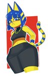 2024 :< absurd_res amiokay animal_crossing ankha_(animal_crossing) anthro bangs black_bottomwear black_clothing black_crop_top black_shirt black_topwear blue_eyes blue_hair blue_nose bottomwear breasts clothed clothed_anthro clothed_female clothing crop_top digital_drawing_(artwork) digital_media_(artwork) domestic_cat felid feline felis female female_anthro fur hair hi_res jewelry looking_at_viewer low-angle_view mammal markings midriff mouth_closed navel necklace nintendo portrait shirt simple_background sleeveless solo striped_markings striped_tail stripes tail tail_markings three-quarter_portrait topwear yellow_body yellow_face yellow_fur yellow_inner_ear