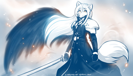 anthro biped breasts clothed clothed_anthro clothed_female clothing feathered_wings feathers female front_view fur hair holding_melee_weapon holding_object holding_sword holding_weapon looking_at_viewer melee_weapon smile solo standing sword tail weapon wings conditional_dnp tom_fischbach final_fantasy final_fantasy_vii square_enix twokinds raine_silverlock sephiroth_(final_fantasy_vii) canid canine canis keidran mammal wolf 2025 7:4 digital_drawing_(artwork) digital_media_(artwork) hi_res monochrome sketch spot_color