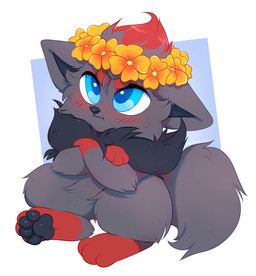 ambiguous_gender arm_tuft black_body black_fur black_nose black_pawpads blue_eyes blue_pupils blush crossed_arms elbow_tuft feral flower_on_head fur glistening glistening_eyes gloves_(marking) grey_body grey_fur grey_tail grumpy head_tuft leg_markings markings mouth_closed pawpads pupils red_markings semi-anthro simple_background sitting socks_(marking) solo tail tuft bloominglynx nintendo pokemon generation_5_pokemon pokemon_(species) zorua
