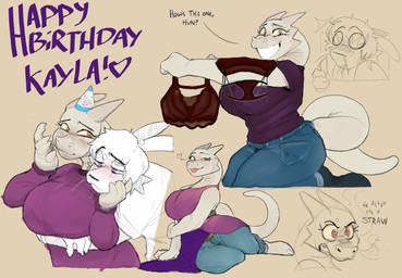 3_toes 5_fingers angry anime_nosebleed anthro approval asking asking_for_opinion barefoot belt birthday blep blood blush bodily_fluids bottomwear bra clenched_teeth clothing cross-popping_vein denim denim_bottomwear denim_clothing dialogue dress duo eyelashes facial_hair feet female fingers footwear forked_tongue gesture goatee grin hand_gesture hat headgear headwear heart_symbol holding_chin hug jeans kneeling lingerie looking_at_another looking_at_viewer lying mature_female narrowed_eyes nosebleed on_side panties pants party_hat purple_clothing purple_eyes purple_sweater purple_topwear question question_mark red_eyes smile socks sweater tail teeth text thumbs_up toes tongue tongue_out topwear underwear whiskers yellow_sclera lowkey_nottoast mythology loki_(lowkeytoast) queenkaylatella alien dragon lagomorph leporid mammal mythological_creature mythological_scalie rabbit scalie 2022 absurd_res english_text hi_res multiple_images