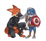 anthro buckteeth carrot cosplay duo female food fur green_eyes grey_body grey_fur gun inner_ear_fluff long_ears male orange_body orange_fur plant purple_eyes ranged_weapon rifle shield simple_background stirrup_footwear teeth tuft vegetable weapon rukidorifuto disney marvel zootopia captain_america judy_hopps nick_wilde winter_soldier canid canine fox lagomorph leporid mammal rabbit red_fox true_fox 2016 crossover digital_media_(artwork) lol_comments