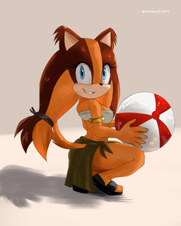 anthro ball beach_ball blue_eyes bottomwear breasts clothed clothing crouching female fur hair holding_ball holding_object inflatable loincloth looking_at_viewer orange_body sand simple_background smile solo tail teeth topwear soranygyart sega sonic_boom sonic_the_hedgehog_(series) sticks_the_jungle_badger badger mammal mustelid musteline digital_media_(artwork) hi_res