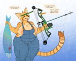 anthro areola arrow_(weapon) big_breasts big_ears black_nose blood bodily_fluids bow_(weapon) breast_squish breasts clothed clothing compound_bow conjoined_speech_bubble denim dialogue dialogue_box fangs female fishing fishing_line fur green_eyes half-closed_eyes headgear headwear heart_symbol holding_fish ineffective_clothing linked_speech_bubble markings narrowed_eyes nipple_slip nipples number open_mouth overalls overalls_only overweight partially_clothed partially_clothed_anthro pink_areola puncture_wound ranged_weapon sharp_teeth solo speech_bubble squish striped_body striped_fur striped_markings stripes teeth text thick_thighs topless unit visor weapon whiskers wide_hips wounded kaboozey rayne_(kaboozey) felid feline felis fish mammal marine serval english_text hi_res