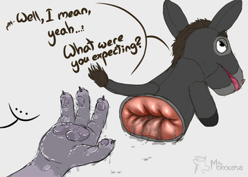 after_fisting aftermath anal_fluids anal_fluids_on_hand anthro anus big_anus bodily_fluids brown_mane dialogue fur grey_body grey_fur hand_puppet leaking_fluids looking_at_another looking_back looking_back_at_another male mane open_mouth paws pink_anus pink_nostrils puppet simple_background tail text what what_has_science_done monocerus animate_inanimate asinus donkey equid equine mammal absurd_res hi_res