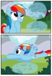 absurd_res blue_body blue_feathers blue_fur blush cloud comic cutie_mark dialogue english_text equid equine feathered_wings feathers female feral friendship_is_magic fur hair hasbro hi_res mammal mountain multicolored_hair my_little_pony mythological_creature mythological_equine mythology outside pegasus plant pyruvate rainbow_dash_(mlp) rainbow_hair shrub solo tail text tree wings wood