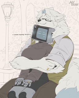 5_fingers anthro bench big_breasts biped black_nose bottomwear breasts clothing duo eyebrows eyes_closed female fingers fluffy for_a_head fur gold_ring grey_body hair hug hugging_another husband_and_wife machine male married_couple on_bench outside plant ring screen screen_face sitting sitting_on_bench skirt smile street_lamp text tree white_body white_fur auveiss matthew_graceford_(auveiss) melissa_graceford_(auveiss) canid canine humanoid mammal object_head robot screen_head 2026 artist_name english_text hi_res