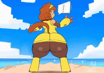 anthro armwear big_breasts big_butt black_armwear black_clothing black_skinsuit bottom_heavy breasts brown_hair butt clothing cloud day elemental_manipulation exclamation_point eyewear eyewear_on_head female footwear goggles goggles_on_head hair handwear huge_butt island logo looking_back rear_view sand sea shaking_butt short_hair skinsuit solo tail tail_aside thick_thighs tight_clothing twerking water water_manipulation yellow_clothing yellow_eyewear yellow_footwear yellow_goggles yellow_handwear nosoyblobis gameoverse glitch_productions kit_bodega domestic_cat felid feline felis mammal 2026 2d_animation animated artist_logo