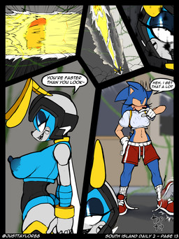 anthro areola ashes backpack blotchy_areola bodily_fluids bottomwear city clothing crop_top dialogue eyelashes eyes_closed female footwear fur gloves handwear laser machine multicolored_body multicolored_fur navel nipple_outline nipples outside shirt shoes shorts smile sneakers socks speech_bubble standing sweat sweatdrop tapping_foot text topwear two_tone_body two_tone_fur justtaylor sega sonic_the_hedgehog_(series) lilith_(blitscreet) sonic_the_hedgehog badnik buzzbomber eulipotyphlan hedgehog mammal absurd_res comic english_text hi_res