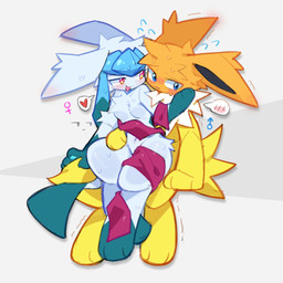 blue_eyes blush duo female female_symbol gender_symbol looking_at_another looking_at_partner looking_away male male/female male_symbol mostly_nude on_lap shuddering simple_background sitting_on_lap symbol teasing_partner tongue tongue_out yellow_eyes kireymin nintendo pokemon eiralish_(kireymin) thundra_(kireymin) eeveelution generation_1_pokemon generation_4_pokemon glaceon jolteon pokemon_(species) 1:1 hi_res