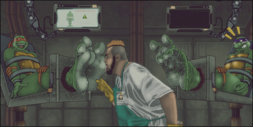 2_toes 3_fingers angry anthro apron barefoot blush blush_lines bodily_fluids clothing cosquillas countershade_feet countershading elbow_pads eyewear feet fingers foot_fetish foot_focus foot_grab foot_lick gloves group handwear knee_pads laugh licking male male/male motion_lines open_mouth plantigrade restrained soles sweat sweatdrop sweaty_feet tickle_fetish tickle_torture tickling toes tongue trio wrinkled_feet wrinkles wanderer1988 teenage_mutant_ninja_turtles donatello_(tmnt) michelangelo_(tmnt) human mammal turtles absurd_res hi_res