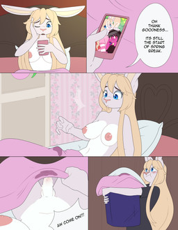 anthro balls barely_visible_balls barely_visible_genitalia bed blonde_hair blue_eyes blush bodily_fluids breasts cellphone cum dialogue electronics erection fur furniture genital_fluids genitals gynomorph hair humanoid_genitalia humanoid_penis intersex nipples nude nude_anthro nude_gynomorph on_bed penis phone smartphone solo speech_bubble text wet_dream white_body white_fur apinkgrape glamor_to_bare chris_(neko-eclipse17) stephanie_(neko-eclipse17) lagomorph leporid mammal rabbit absurd_res comic english_text hi_res trans_(lore) trans_woman_(lore)