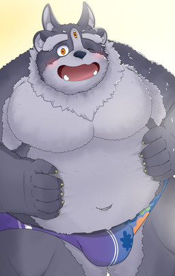 3_eyes anthro belly blush bulge clothing eyebrows fur grey_body grey_fur looking_at_viewer male multi_eye navel one_eye_closed orange_eyes overweight smile solo speedo swimwear thick_eyebrows tusks wink peto3001 lifewonders tokyo_afterschool_summoners tsathoggua_(tas) absurd_res hi_res