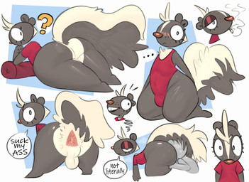 anal anthro anus balls big_butt bodily_fluids bulge butt clothed clothing duo fur genitals male one-piece_swimsuit oral rimming sex smoking sweat sweaty_butt swimwear tail text thick_thighs iamapoliceman mammal mephitid skunk absurd_res hi_res