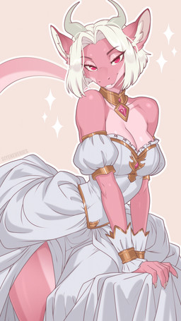 abstract_background anthro claws clothing collar dress female gem grey_horn hair horn inner_ear_fluff looking_at_viewer pink_body pink_eyes smile solo tuft white_hair niners_(artist) mythology eiris_(saren662) dragon mythological_creature mythological_scalie scalie 2026 hi_res