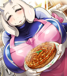 anthro apron big_breasts blush breasts clothed clothing female fingers floppy_ears food fur horn huge_breasts inside kemono long_ears looking_at_viewer mature_anthro mature_female pie_(food) robe solo white_body white_fur 68_(artist) undertale_(series) toriel boss_monster_(undertale) bovid caprine mammal hi_res