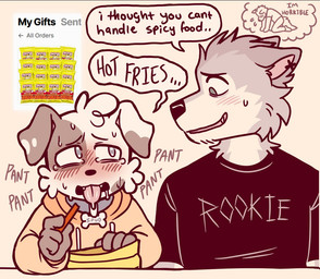 anthro black_clothing black_shirt black_topwear blue_eyes blush bodily_fluids breath clothing drooling duo eating eating_food fangs guilty hoodie looking_at_another looking_at_partner male open_mouth panting saliva shirt sweat sweating_profusely tears teeth text tongue tongue_out topwear worried young young_anthro young_male spudnikmutt rookie_(spudnikmutt) spudnik_(spudnikmutt) canid canine canis chihuahua domestic_dog mammal toy_dog wolf 2026 english_description english_text adult_(lore)