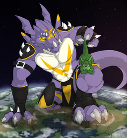 anthro black_bottomwear black_clothing black_loincloth bottomwear closed_smile clothed clothing cloud crossed_arms duo front_view fur green_body green_fur grey_tail head_wings holding_another kneeling loincloth macro male markings mouth_closed muscular muscular_anthro muscular_male planet purple_body purple_tail red_eyes smile space star tail topless unusual_wing_placement white_body wings yellow_markings yellow_sclera solaxe_(artist) mythology dragoneer_(character) duncan_roo dragon kangaroo macropod mammal marsupial mythological_creature mythological_scalie scalie