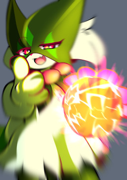 3_fingers ambiguous_gender anthro claws explosion finger_claws fingers flower_(anatomy) flower_trick fur green_body green_fur looking_at_viewer mask open_mouth pink_eyes pink_nose solo throwing_object meowscaradameow eminem_throw nintendo pokemon generation_9_pokemon meowscarada pokemon_(species) 2026 hi_res