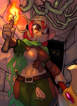 anthro armor axe being_watched blood bodily_fluids breasts brown_eyes clothed clothing duo female hair headgear helmet looking_at_another looking_back melee_weapon nipples one_breast_out red_hair solo_focus torch torn_clothing weapon thefuckingdevil mammal mouse murid murine rodent 2017
