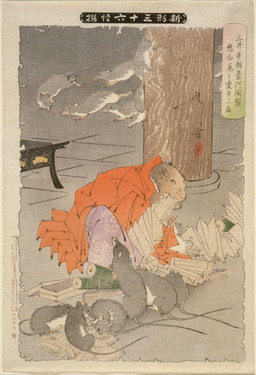 4_fingers 4_toes ambiguous_gender anthro asian_clothing book chewing clothed clothed_anthro clothing detailed_background dot_eyes east_asian_clothing fangs feet feral fingers fur furniture group japanese_clothing lying_on_ground object_in_mouth on_ground paper pillar plantigrade priest quadruped robe running scroll simple_eyes table tail teeth text text_box toes whiskers tsukioka_yoshitoshi public_domain mammal murid murine rat rodent 1891 19th_century absurd_res ancient_art hi_res japanese_text traditional_media_(artwork) translation_request