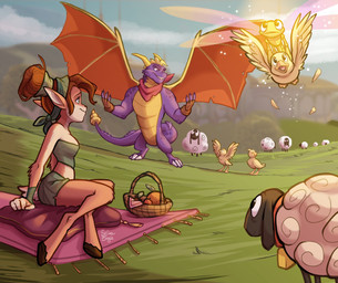 anthro basket bell bottomwear bracelet carpet clothing cloud container female feral food fruit glowing grass group horn jewelry kerchief larger_male lying male pillow plant purple_body purple_scales scales scarf size_difference skirt sky tail wings selinaeagle activision european_mythology mythology spyro_the_dragon balloonist_spyro elora sparx spyro anatid anseriform arthropod avian bird bovid caprine dragon dragonfly duck faun faun_(spyro) insect mammal mythological_creature mythological_scalie scalie sheep western_dragon 2024 absurd_res digital_drawing_(artwork) digital_media_(artwork) hi_res signature