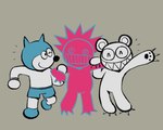 anthro arm_around_another arm_in_arm black_nose black_pawpads blue_bottomwear blue_clothing blue_shorts bottomwear claws clothing grey_background mascot mouth_closed noseless one_eye_closed pawpads pink_body round_ears sharp_teeth shorts simple_background smile teeth white_body wink kot2ka radiohead ween_(band) alex_g boognish dog_jr_(chubbypumpers) modified_bear bear mammal 2024 digital_drawing_(artwork) digital_media_(artwork) hi_res