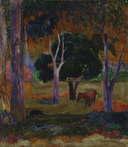 ambiguous_gender black_body black_fur brown_body brown_fur duo feral forest fur grass hooves landscape mane night outside plant quadruped snout standing tree paul_gauguin public_domain domestic_pig equid equine horse mammal suid suine sus_(pig) 1903 20th_century absurd_res ancient_art dark_theme dated hi_res painting_(artwork) shaded signature traditional_media_(artwork) traditional_painting_(artwork)