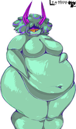 anthro belly belly_expansion big_belly big_breasts breasts expansion female glistening glistening_body green_body horn huge_belly huge_thighs hyper hyper_belly hyper_thighs multi_horn overweight overweight_female pupils slit_pupils solo thick_thighs weight_gain enderryy cyclops demon humanoid absurd_res hi_res