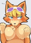 anthro blue_eyes blush bodily_fluids breasts drooling eyewear eyewear_on_head eyewear_only female nude saliva solo sunglasses sunglasses_on_head sunglasses_only tongue tongue_out ronchainu animal_crossing nintendo audie_(animal_crossing) canid canine canis mammal wolf 2020 hi_res