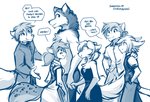 2020 adobe_photoshop_(artwork) ambiguous_gender anthro bare_shoulders basitin blue_and_white bow_tie breasts brutus_(twokinds) canid canine canis chest_tuft cleavage clothed clothing clovis_(twokinds) conditional_dnp crossgender date dialogue digital_media_(artwork) dress english_text felid feline female fox fur gloves_(marking) group hair hand_holding hand_on_shoulder hi_res hybrid kathrin_vaughan keidran keith_keiser larger_male male male/female mammal markings monochrome mtf_crossgender natani ponytail side_view simple_background size_difference sketch smaller_female smaller_male smile spots spotted_body spotted_fur text tom_fischbach topless tuft twokinds white_background wolf zen_(twokinds)