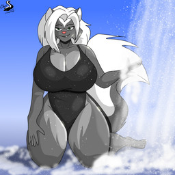anthro big_breasts breasts cleavage clothed clothing female huge_breasts one-piece_swimsuit ring solo swimwear wet chrisandcompany kelsey_sienna mammal mephitid skunk 1:1 hi_res