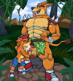 abs anthro anthro_on_anthro anthro_penetrated anthro_penetrating anthro_penetrating_anthro armpit_hair ball_grab ball_size_difference ball_tuft balls barazoku belt biceps big_balls big_dom_small_sub big_muscles big_penis blush bodily_fluids body_hair bottomwear bottomwear_aside brown_eyes brown_hair clothed clothing clothing_aside cum cum_in_mouth cum_inside cum_on_face cum_on_penis cum_splatter darkened_balls darkened_genitalia detailed_background dominant dominant_anthro dominant_male drooling drooling_tongue duo ejaculation erection eye_roll eyebrows fangs fellatio fingerless_gloves footwear fur genital_fluids genitals gloves grass green_eyes hair hairy half-closed_eyes hand_on_hip handwear head_grab humanoid_genitalia humanoid_penis interspecies larger_male loincloth loincloth_aside looking_at_genitalia looking_at_penis looking_pleasured male male/male male_penetrated male_penetrating male_penetrating_male manly muscular muscular_anthro muscular_arms muscular_legs muscular_male muscular_top narrowed_eyes nipples notched_ear open_mouth open_smile oral oral_penetration orange_body orange_fur pecs penetration penile penis penis_grab penis_in_mouth penis_size_difference pivoted_ears plant precum pubes red_hair saliva sex sharp_teeth shoes shorts shoulder_pads size_difference small_balls small_penis smaller_male smaller_penetrated smile spiked_shoulder_pads spikes standing standing_sex submissive submissive_anthro submissive_male tail tail_tuft tan_body tan_fur teeth thick_eyebrows tongue tongue_out topless tree triceps tuft underbite unzipped unzipped_pants vein veiny_penis vines yellow_sclera zipper joalmidon activision crash_bandicoot_(series) crash_bandicoot tiny_tiger bandicoot dasyuromorph mammal marsupial recently_extinct_species thylacine 2025 absurd_res hi_res