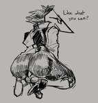 anthro anus bottomless bottomless_male butt clothed clothing looking_back male presenting presenting_anus presenting_hindquarters solo sodosko deltarune undertale_(series) swatch_(deltarune) avian swatchling hi_res monochrome