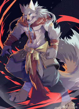 abs anthro belt biped blue_eyes bottomwear cheek_tuft claws clothed clothing digitigrade facial_tuft fangs finger_claws fur grey_body grey_fur inner_ear_fluff kemono male muscular muscular_anthro muscular_male pattern_background pecs simple_background solo teeth toe_claws tuft wolfbintori canid canine canis mammal wolf 2021 digital_media_(artwork) hi_res shaded
