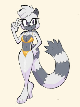 anthro bikini breasts chest_tuft clothing eyelashes feet female female_anthro fur gesture gold_bikini grey_body grey_fur hand_gesture hand_on_hip navel purple_eyes smile solo swimwear tuft two-piece_swimsuit v_sign white_body white_fur silver279 golden_week idw_publishing sega sonic_the_hedgehog_(comics) sonic_the_hedgehog_(idw) sonic_the_hedgehog_(series) tangle_the_lemur lemur mammal primate ring-tailed_lemur strepsirrhine 2026