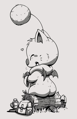 ambiguous_gender backpack blush bottle butt container eyes_closed fungus fur grass happy heart_symbol log membrane_(anatomy) membranous_wings mushroom nude outside plant ruff solo wings wood young lkiws final_fantasy square_enix mammal moogle hi_res monochrome