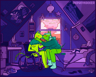 anthro anthro_on_anthro areola blush bookshelf breasts cane clothing detailed_background disability earpiece footwear french_kissing furniture hoodie kissing licking_tongue mobility-aid mobility_aid nipples plant purple_background romantic romantic_couple shoes simple_background sitting socks tail tongue topwear vehicle wheelchair window kinkykikker mammal 2025 restricted_palette