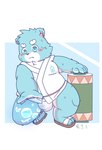 anthro asian_clothing blue_body blue_fur blush bulge clothing east_asian_clothing fundoshi fur japanese_clothing male overweight solo underwear water white_body white_fur young young_anthro lantu_(artist) bonasiah full_attack sophring_hao bear mammal 2021 hi_res